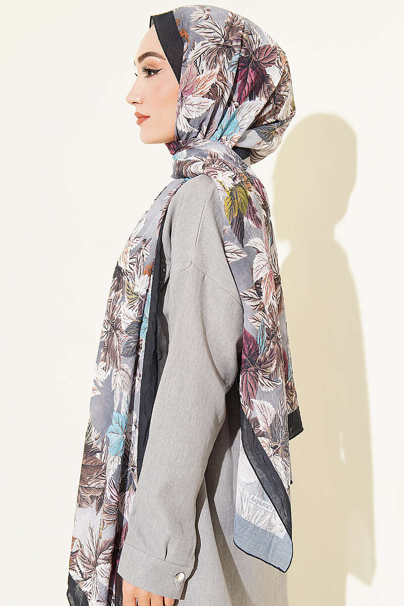 Colourful Leaf Print Crinkle Shawl - Black-Smoke Grey
