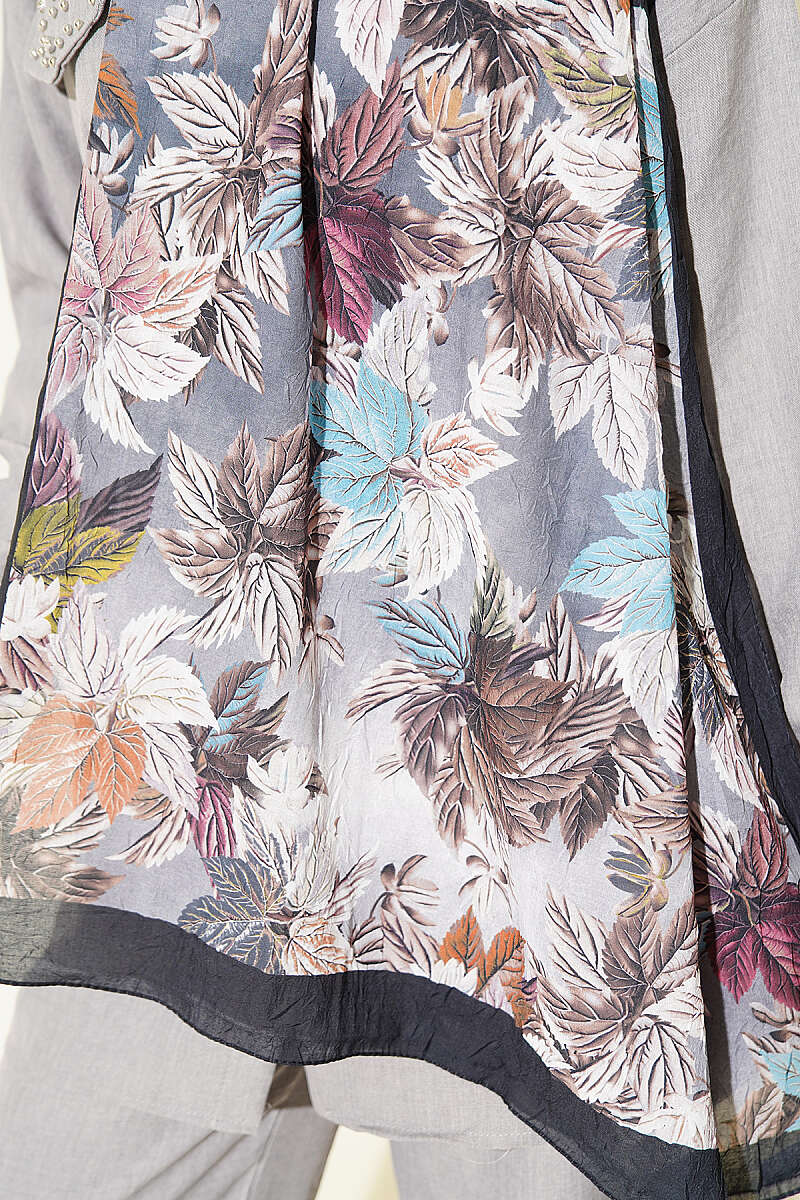 Colourful Leaf Print Crinkle Shawl - Black-Smoke Grey