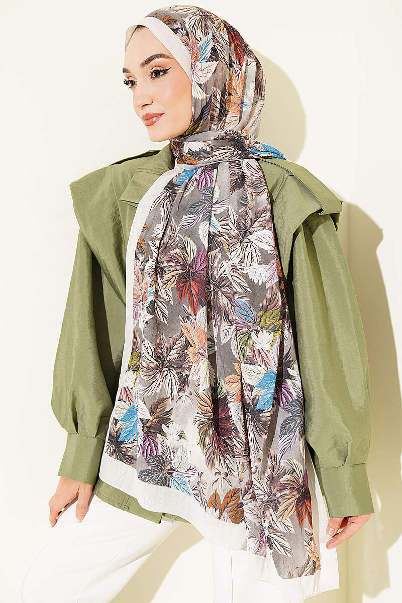 Colourful Leaf Print Crinkle Shawl - Champagne