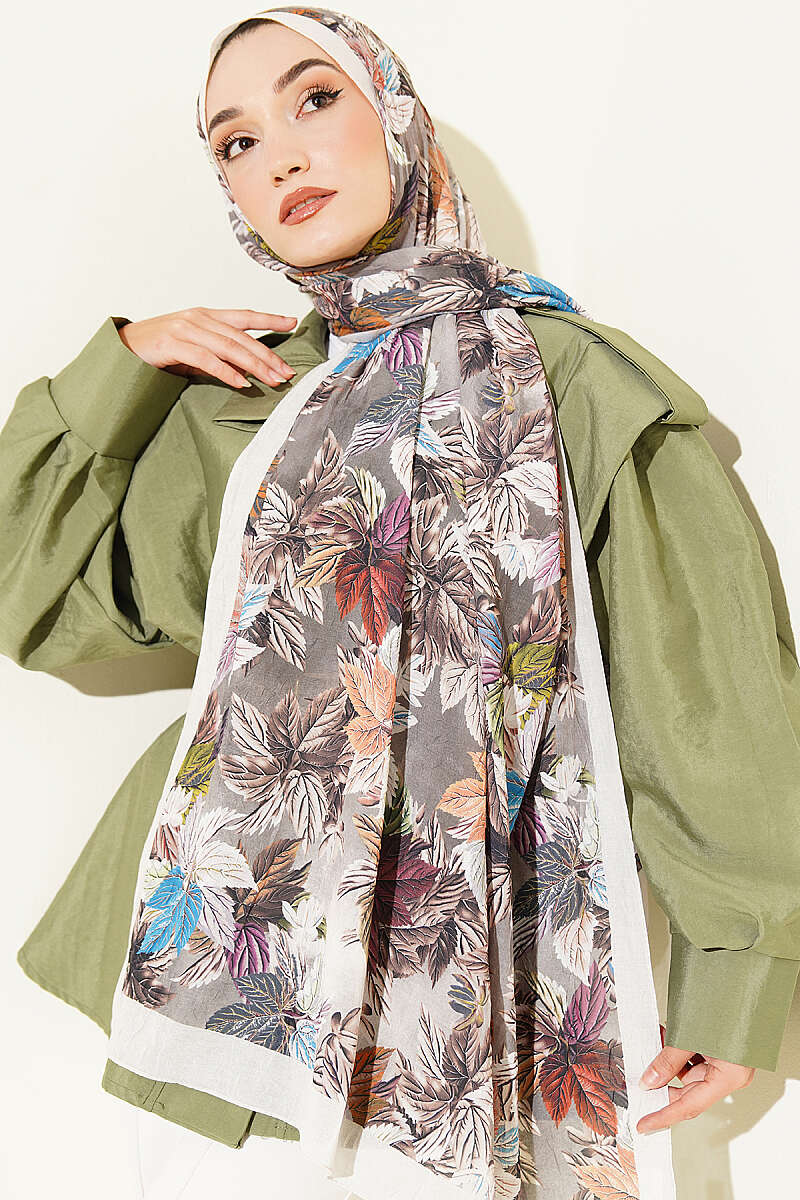 Colourful Leaf Print Crinkle Shawl - Champagne