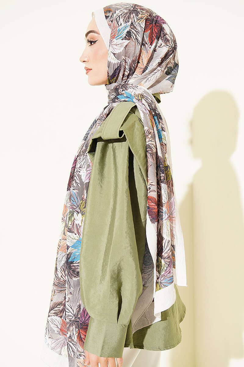 Colourful Leaf Print Crinkle Shawl - Champagne