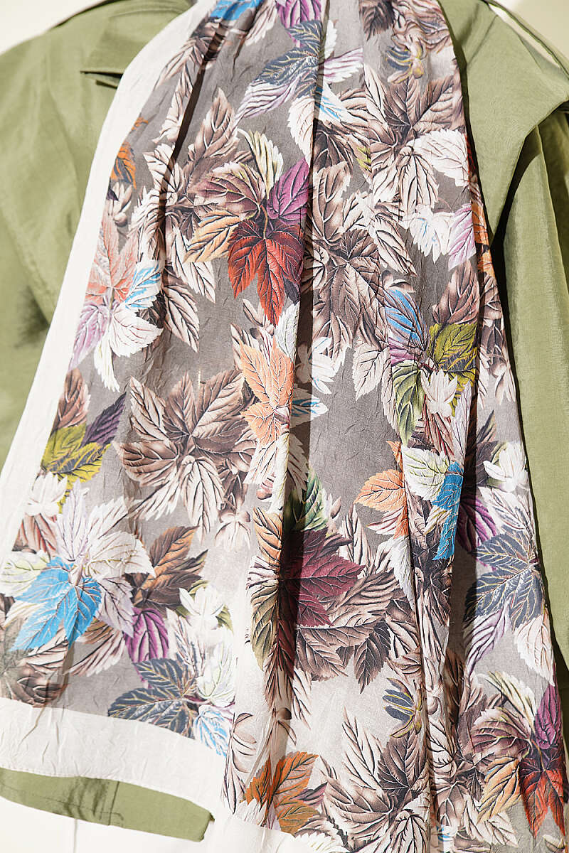 Colourful Leaf Print Crinkle Shawl - Champagne