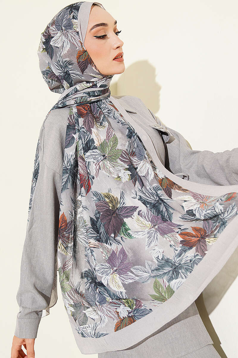 Colourful Leaf Print Crinkle Shawl - Stone Grey