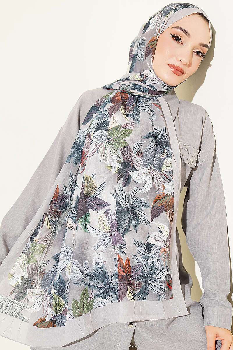Colourful Leaf Print Crinkle Shawl - Stone Grey