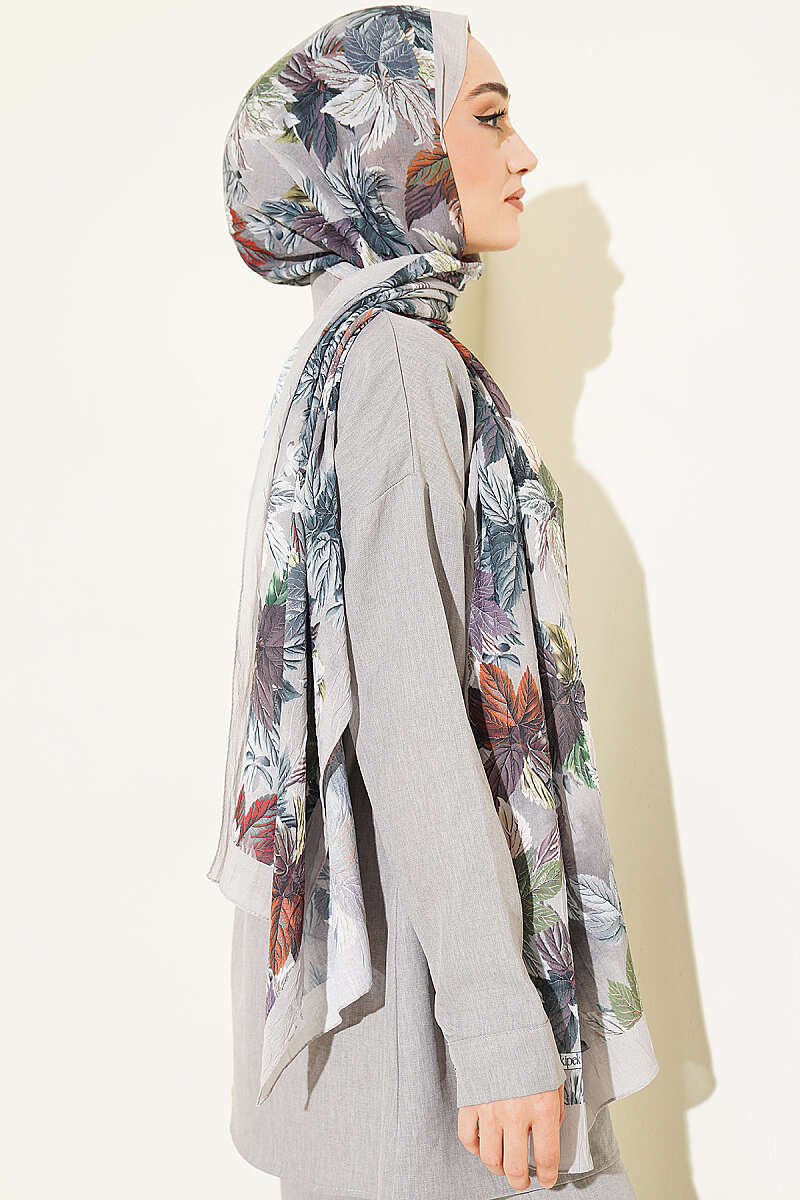 Colourful Leaf Print Crinkle Shawl - Stone Grey
