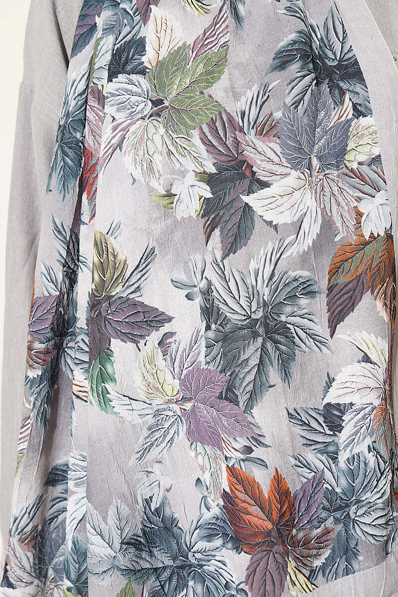Colourful Leaf Print Crinkle Shawl - Stone Grey