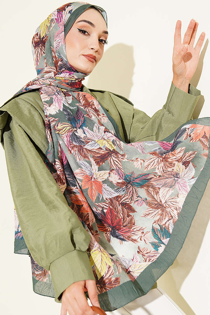 Colourful Leaf Print Crinkle Shawl - Emerald