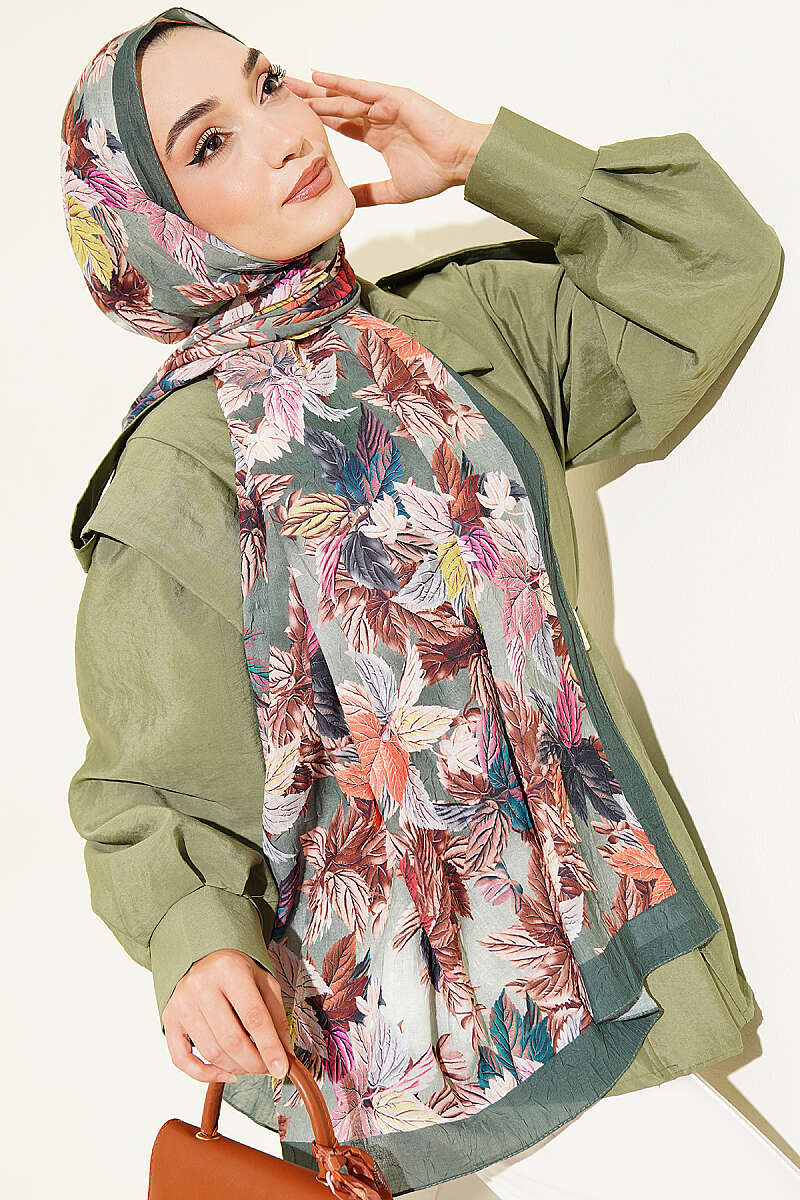 Colourful Leaf Print Crinkle Shawl - Emerald