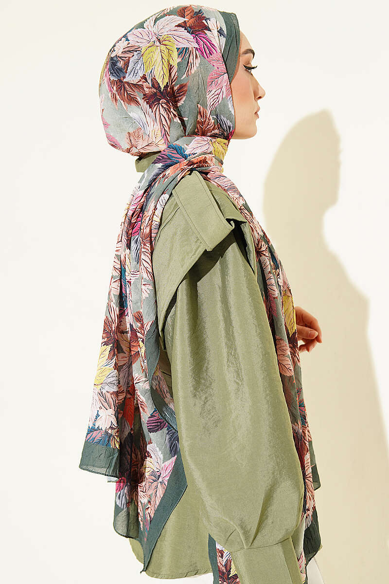 Colourful Leaf Print Crinkle Shawl - Emerald