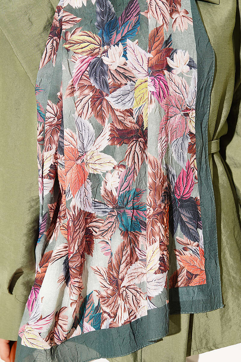 Colourful Leaf Print Crinkle Shawl - Emerald