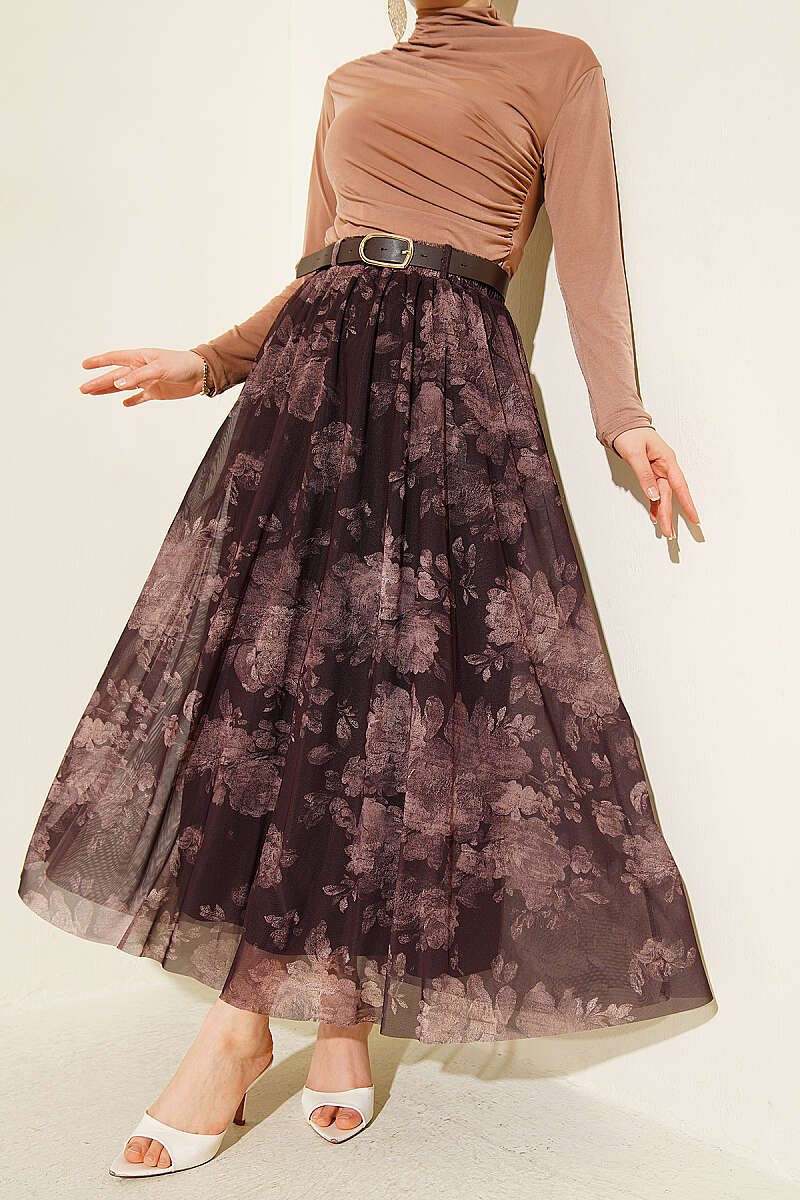 Retro Floral Tulle Skirt - Brown