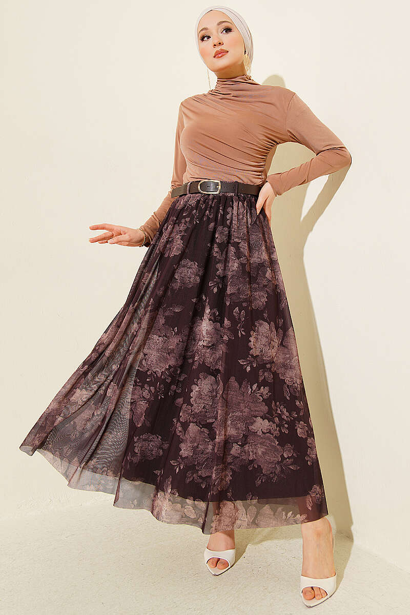 Retro Floral Tulle Skirt - Brown