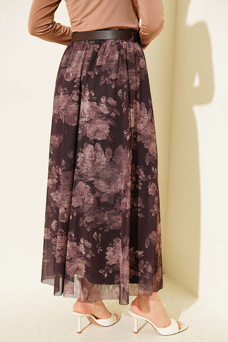 Retro Floral Tulle Skirt - Brown