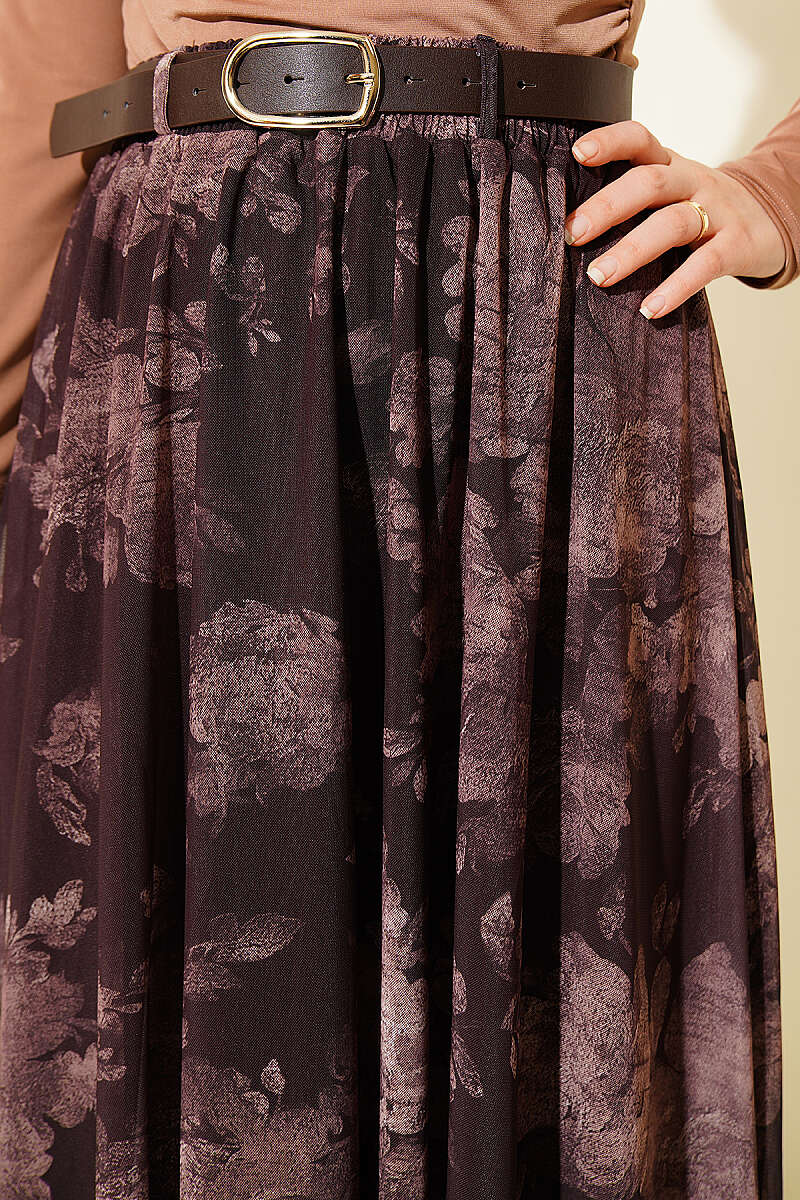 Retro Floral Tulle Skirt - Brown