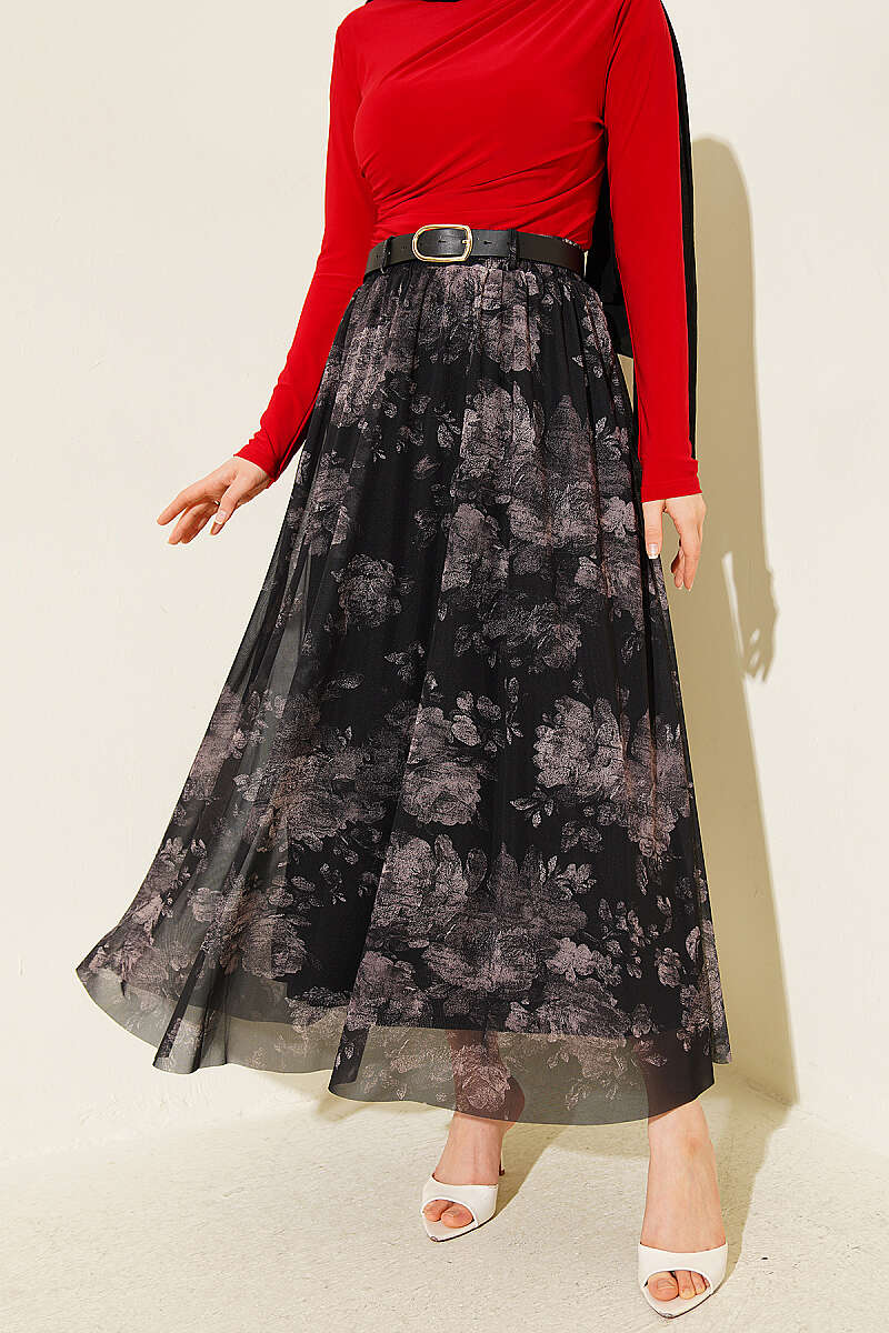 Retro Floral Tulle Skirt - Black