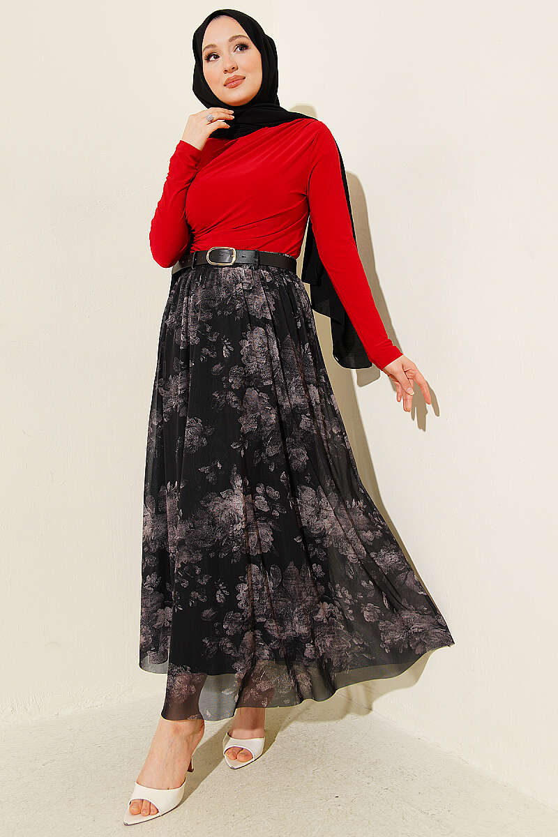 Retro Floral Tulle Skirt - Black