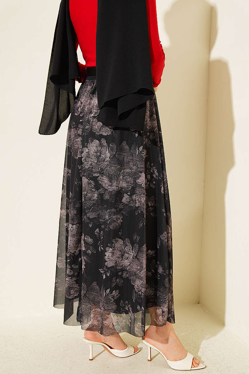 Retro Floral Tulle Skirt - Black