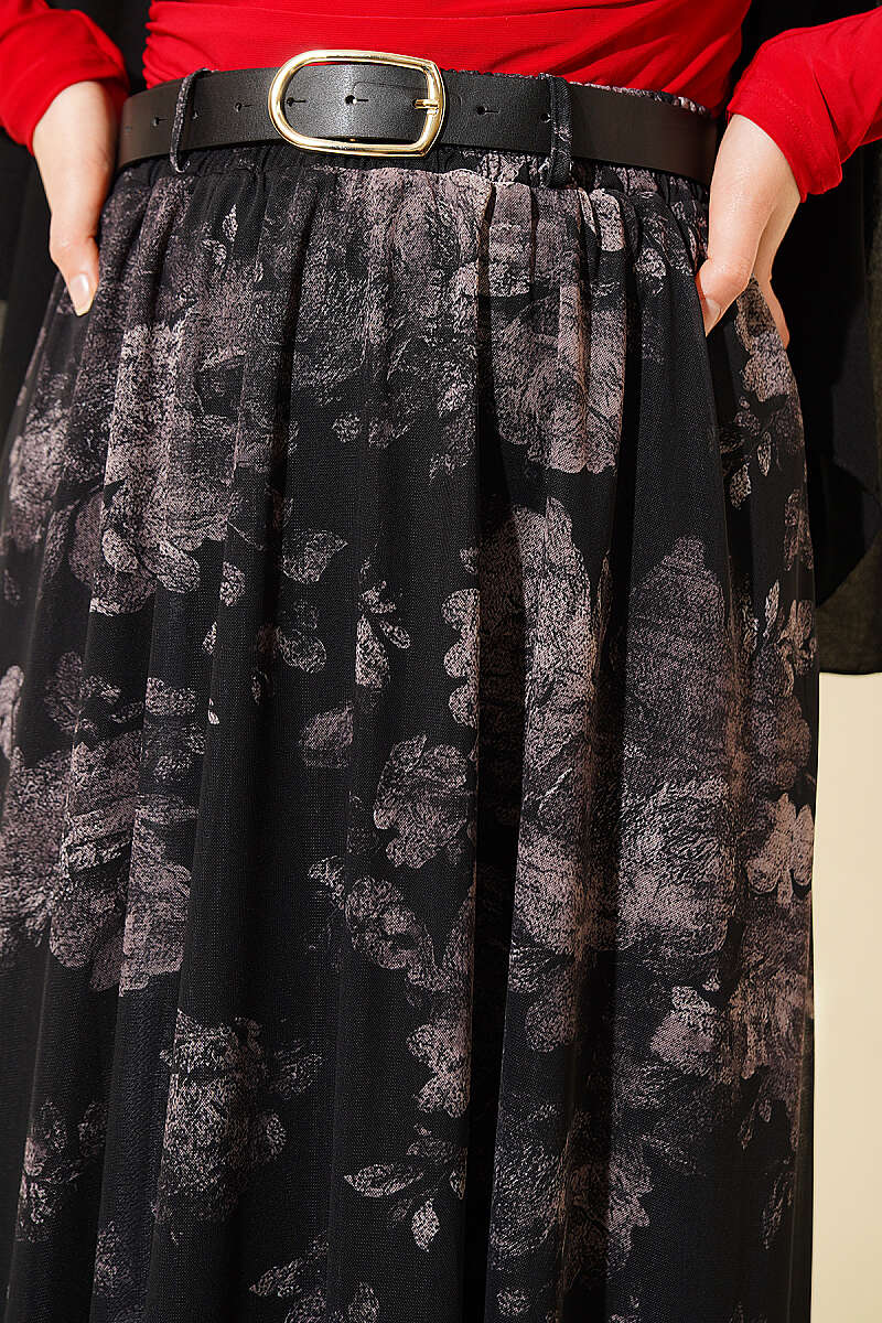 Retro Floral Tulle Skirt - Black