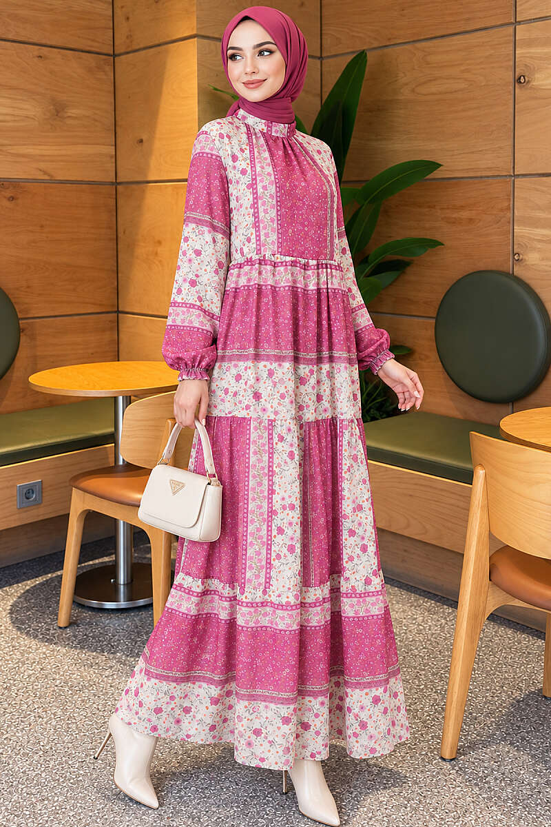 Retro Floral Chiffon Dress - Fuchsia