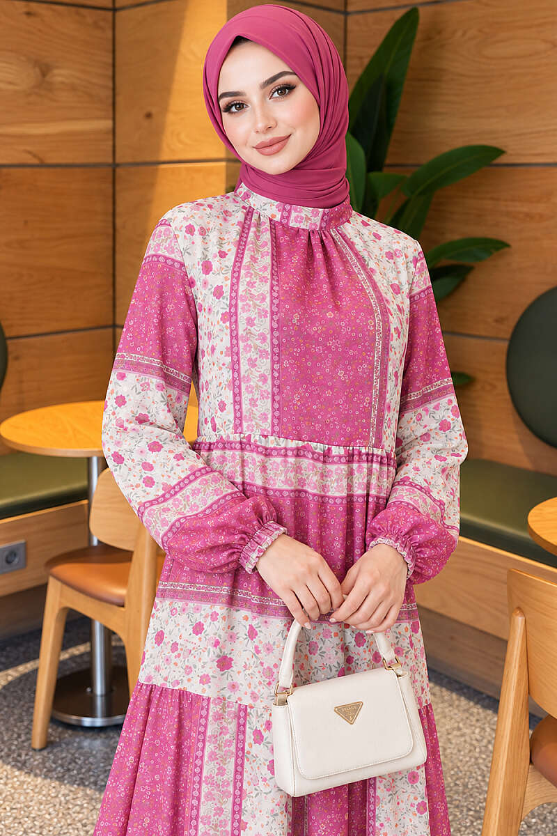 Retro Floral Chiffon Dress - Fuchsia