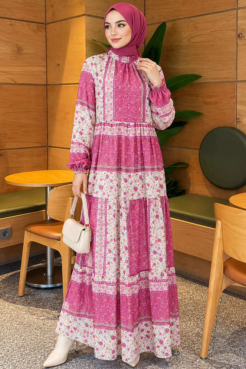 Retro Floral Chiffon Dress - Fuchsia
