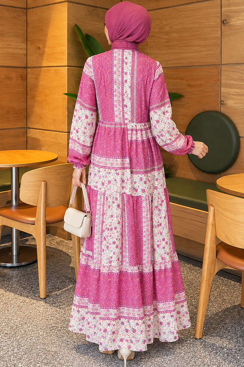 Retro Floral Chiffon Dress - Fuchsia