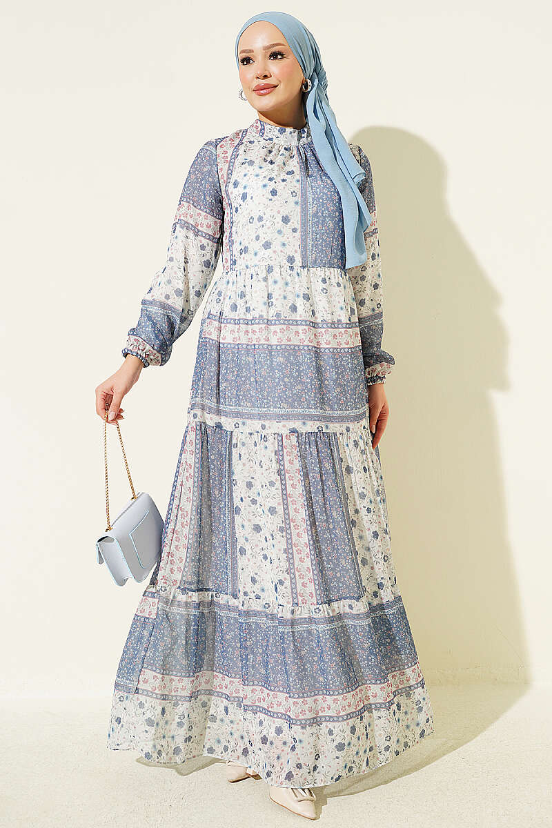 Retro Floral Chiffon Dress - Navy