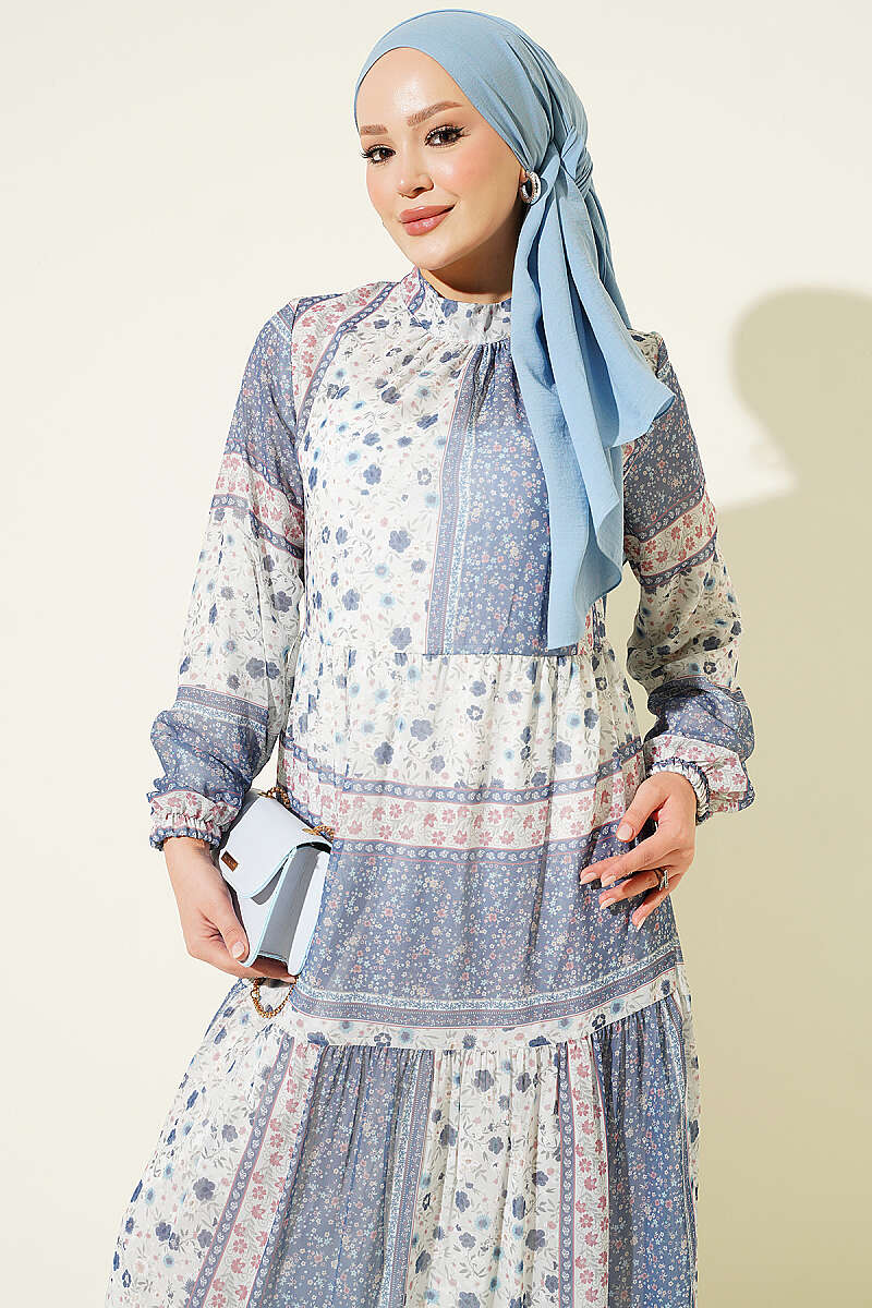 Retro Floral Chiffon Dress - Navy