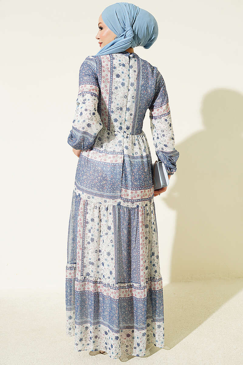 Retro Floral Chiffon Dress - Navy