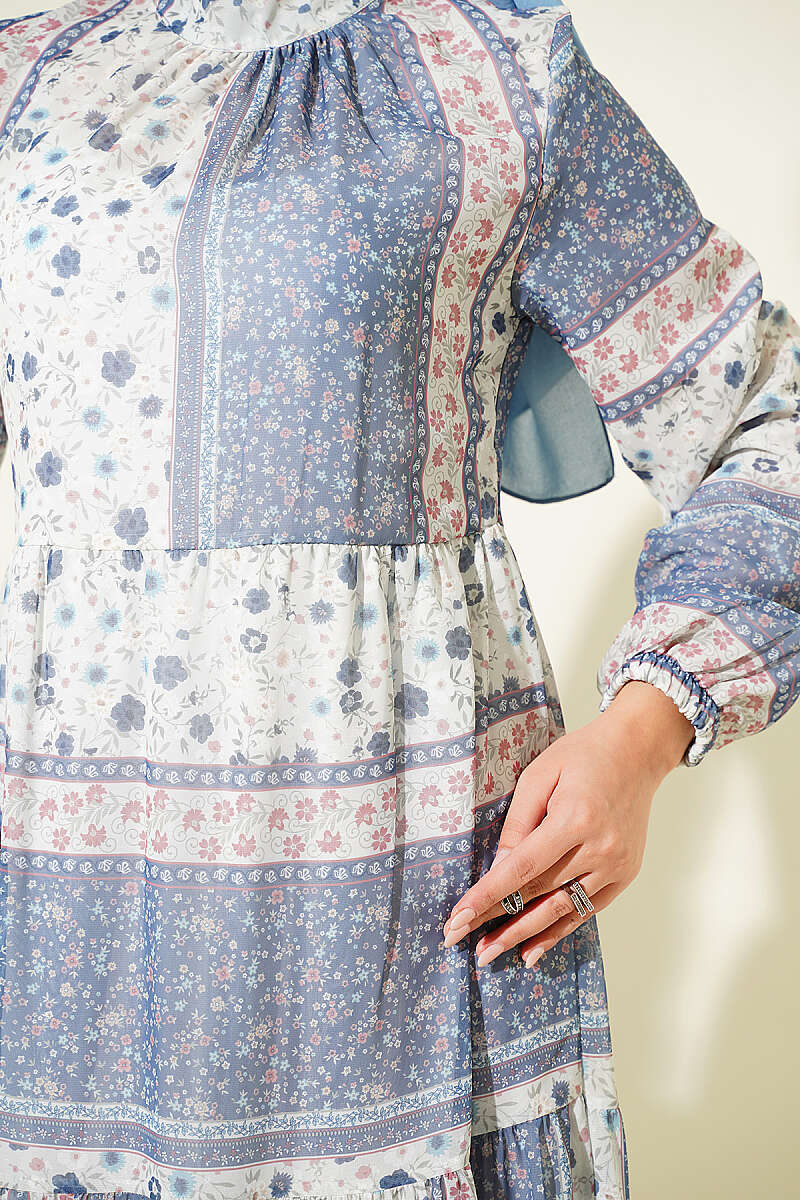 Retro Floral Chiffon Dress - Navy
