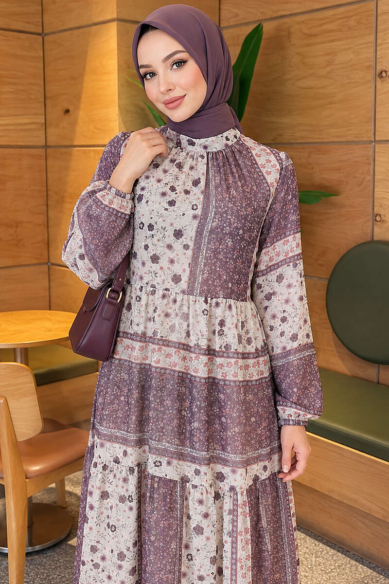 Retro Floral Chiffon Dress - Lilac