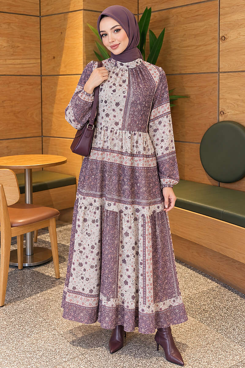 Retro Floral Chiffon Dress - Lilac