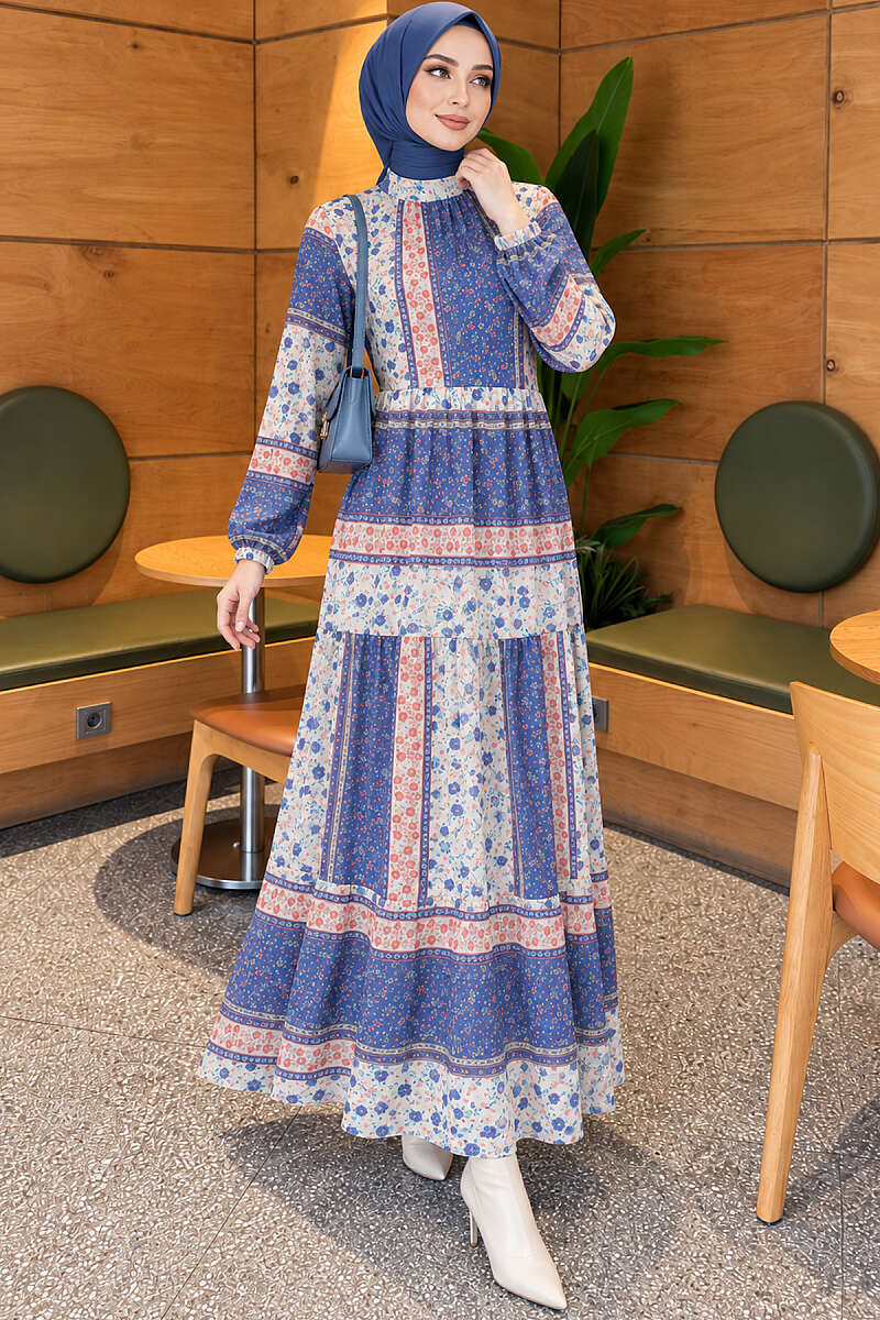 Retro Floral Chiffon Dress - Blue