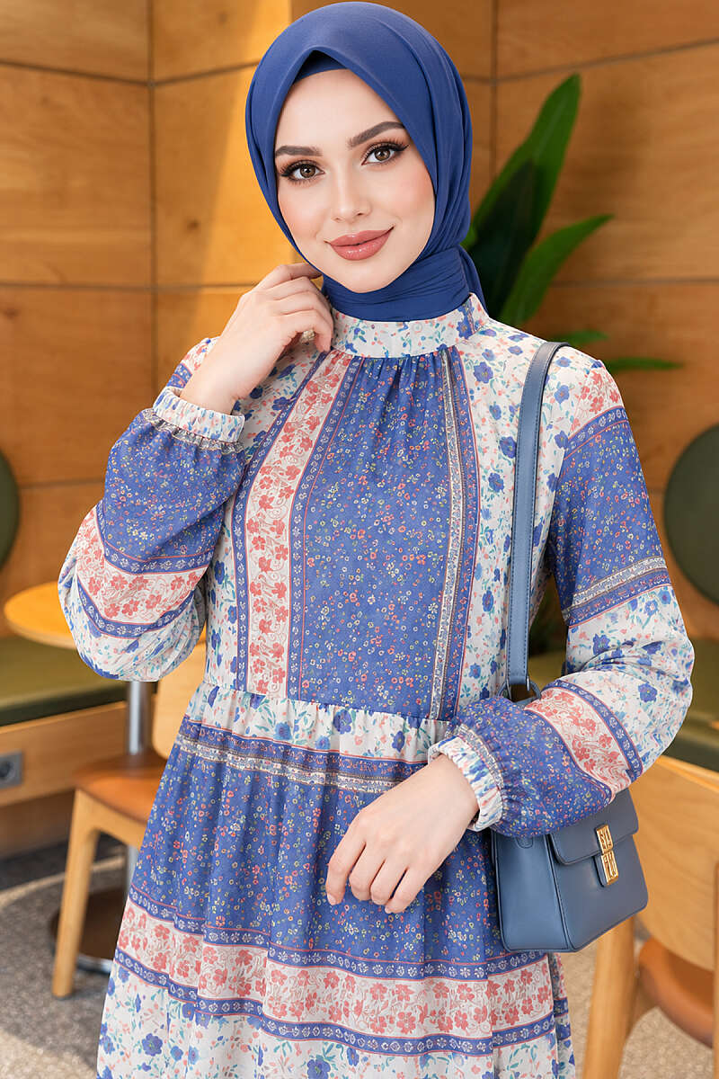 Retro Floral Chiffon Dress - Blue