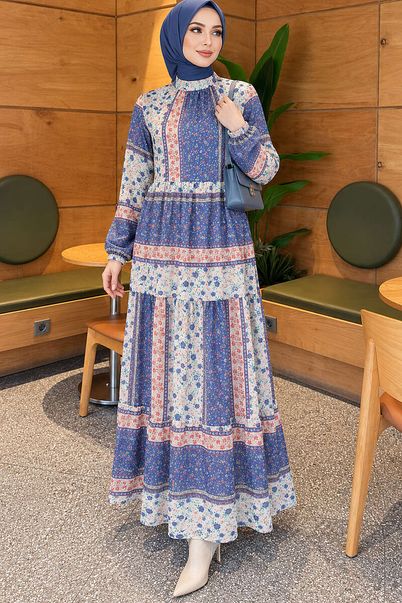 Retro Floral Chiffon Dress - Blue