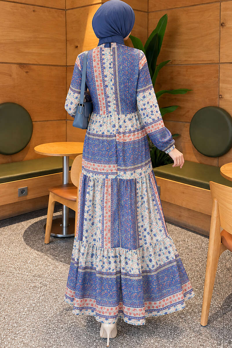 Retro Floral Chiffon Dress - Blue