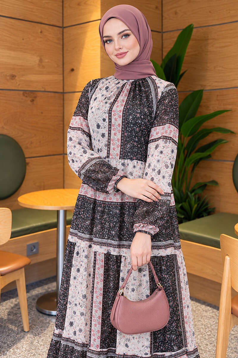 Retro Floral Chiffon Dress - Black