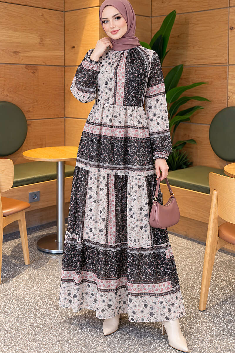 Retro Floral Chiffon Dress - Black