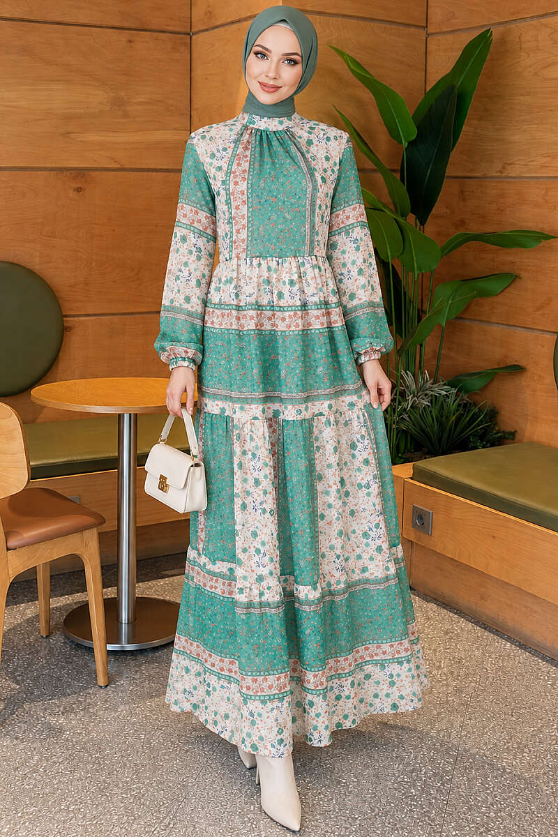Retro Floral Chiffon Dress - Green
