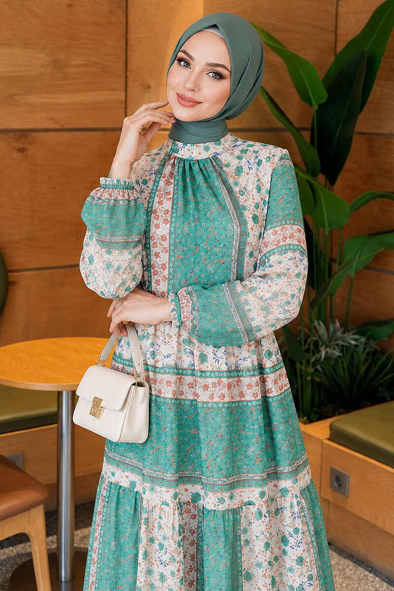 Retro Floral Chiffon Dress - Green