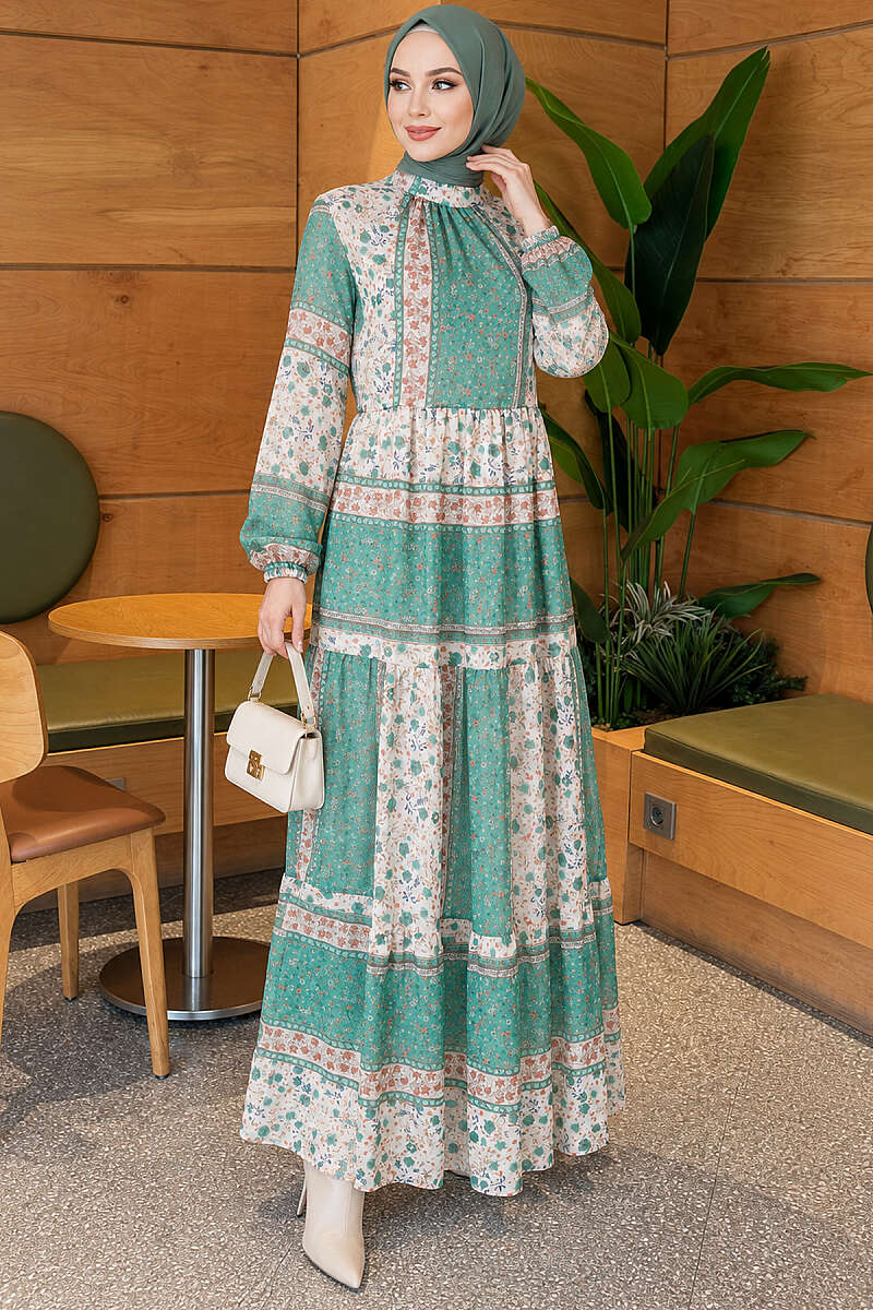 Retro Floral Chiffon Dress - Green
