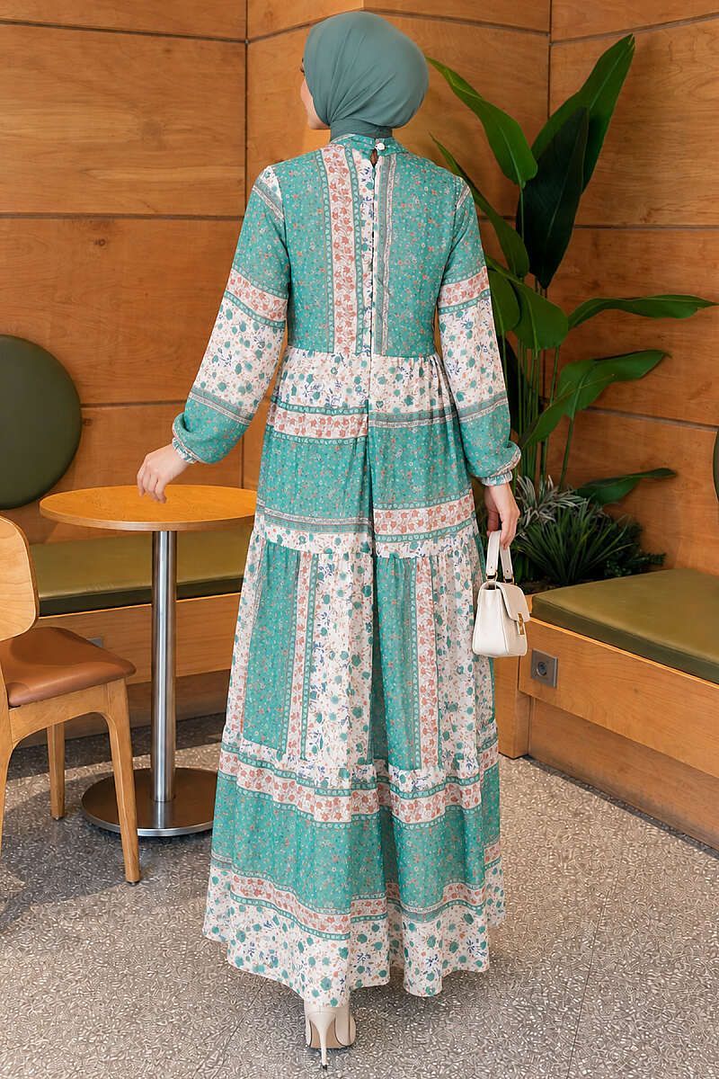 Retro Floral Chiffon Dress - Green