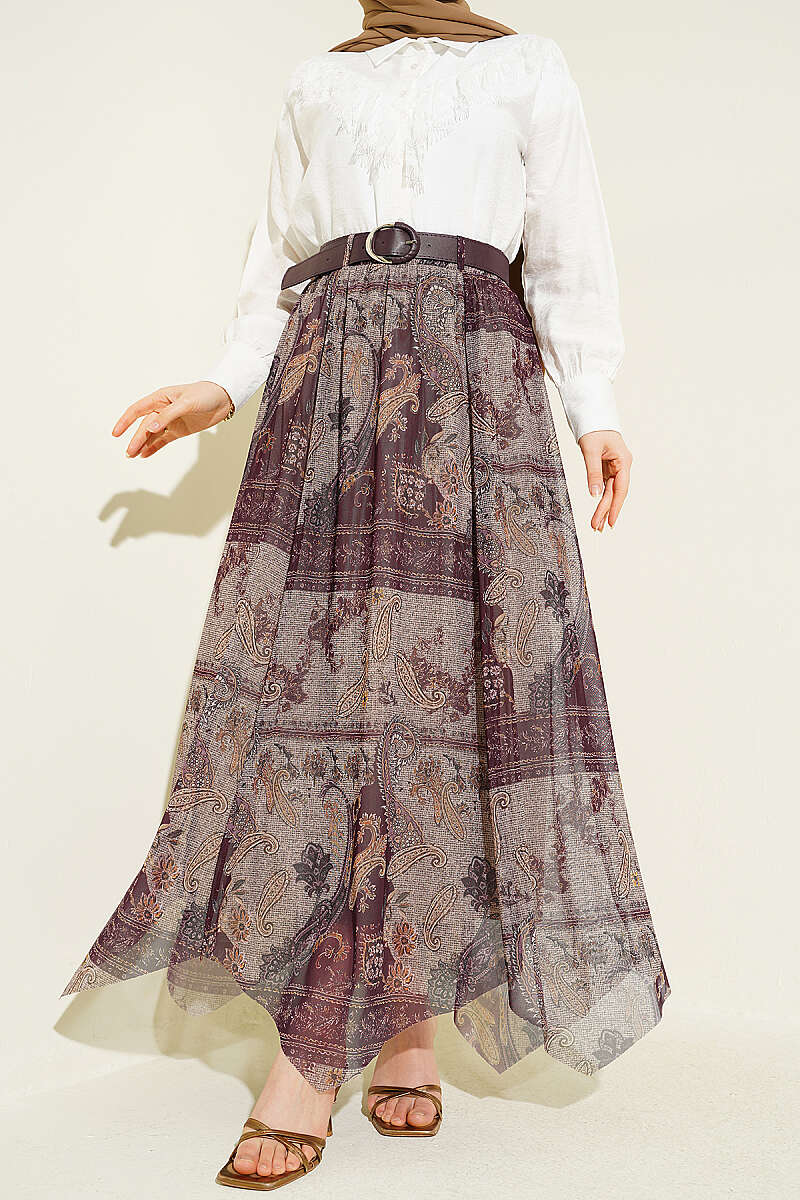 Asymmetric Retro Print Tulle Skirt - Plum