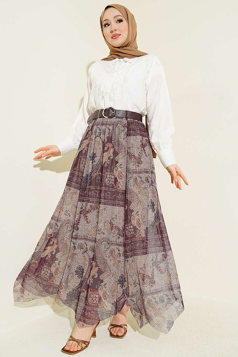 Asymmetric Retro Print Tulle Skirt - Plum