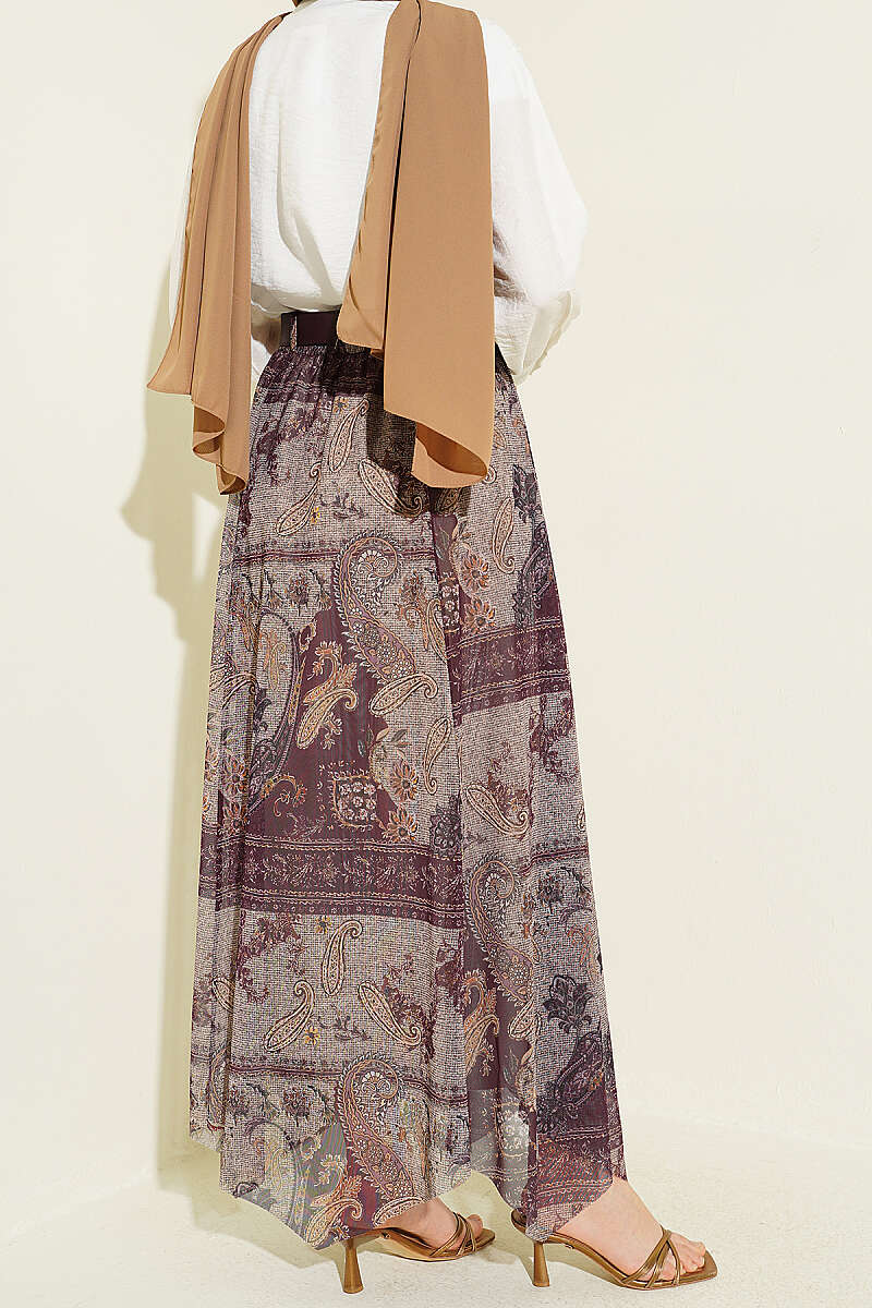 Asymmetric Retro Print Tulle Skirt - Plum