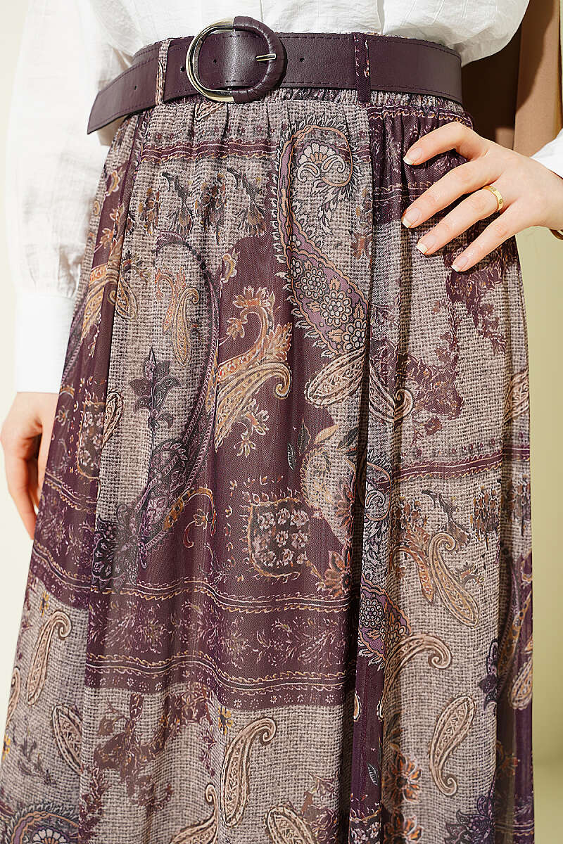 Asymmetric Retro Print Tulle Skirt - Plum