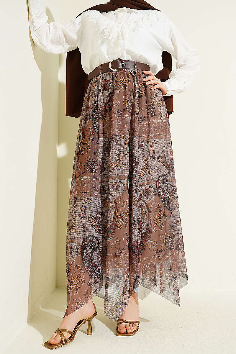 Asymmetric Retro Print Tulle Skirt - Mink