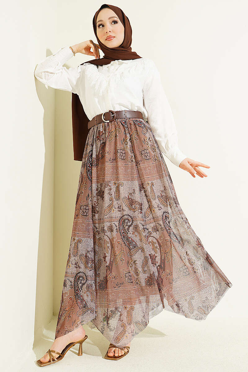 Asymmetric Retro Print Tulle Skirt - Mink