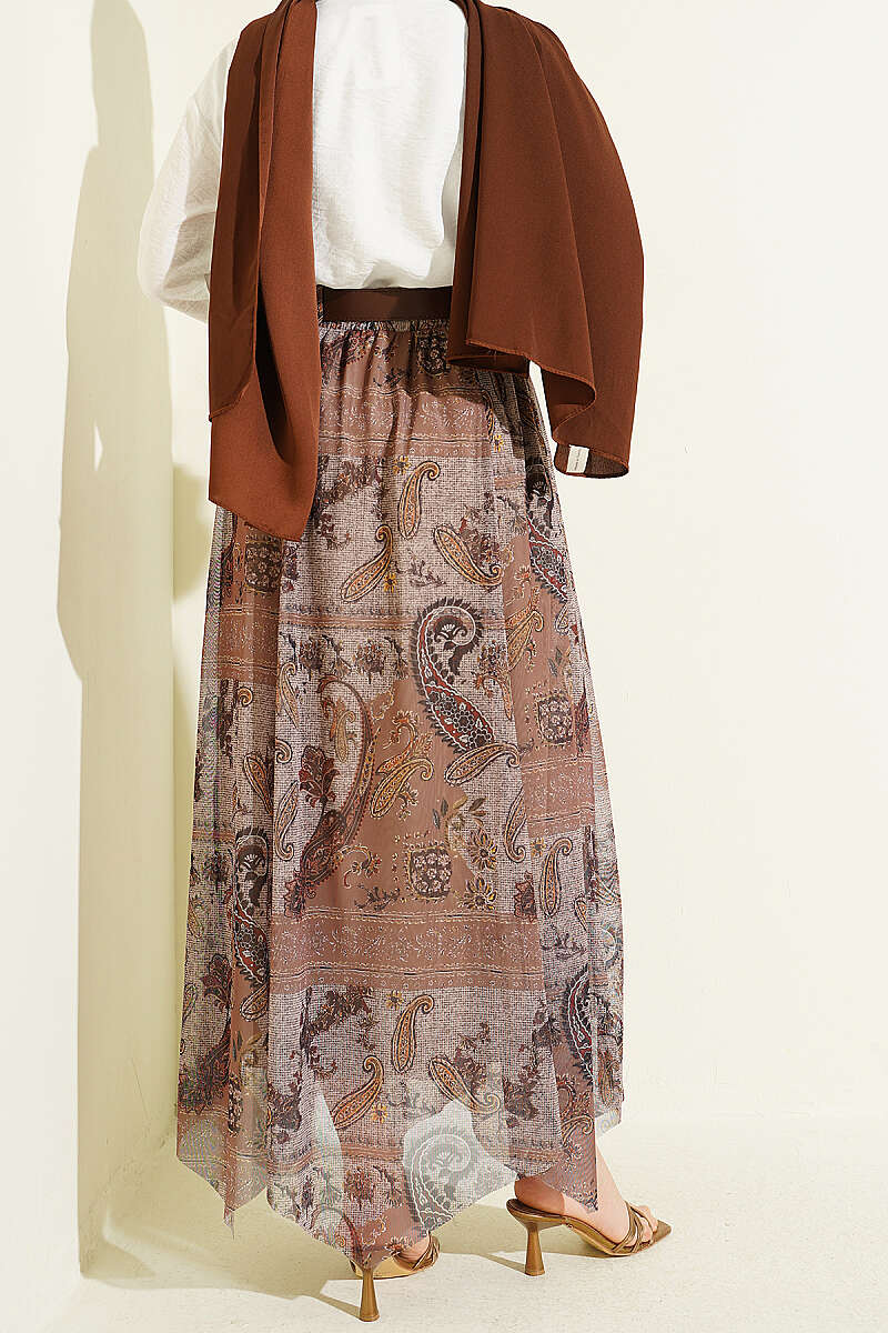 Asymmetric Retro Print Tulle Skirt - Mink