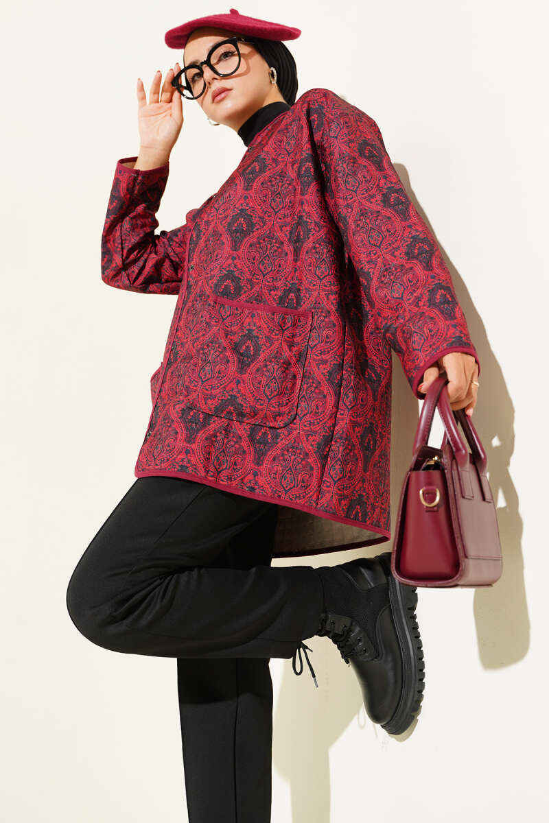 Retro Pattern Quilted Jacket - Burgundy